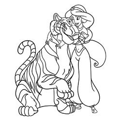 Раскраска Принцесса Жасмин обнимает тигра