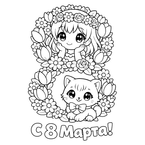 Раскраска Девочка и котик на 8 марта