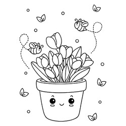 Раскраска Милый горшочек с цветами и пчёлками