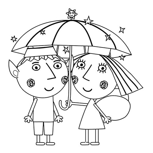 Раскраска Бен и Холли под зонтиком