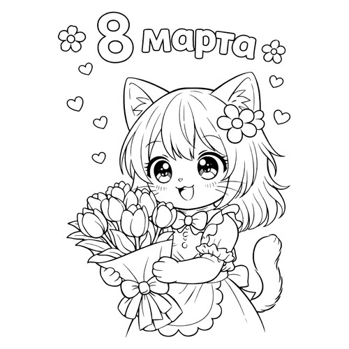Раскраска Аниме кошечка с букетом на 8 марта