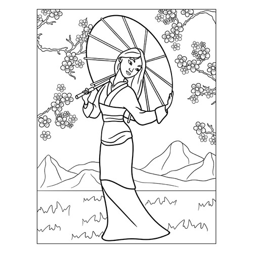 Раскраска Мулан с зонтиком