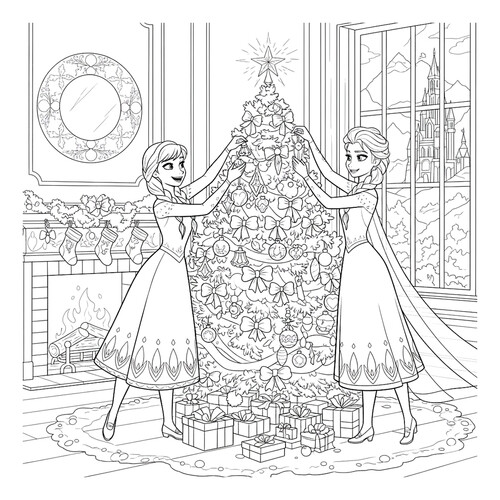 Раскраска Анна и Эльза украшают ёлку в гостинной