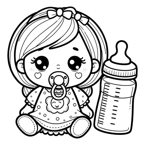 Раскраска Кукла с соской и бутылочкой