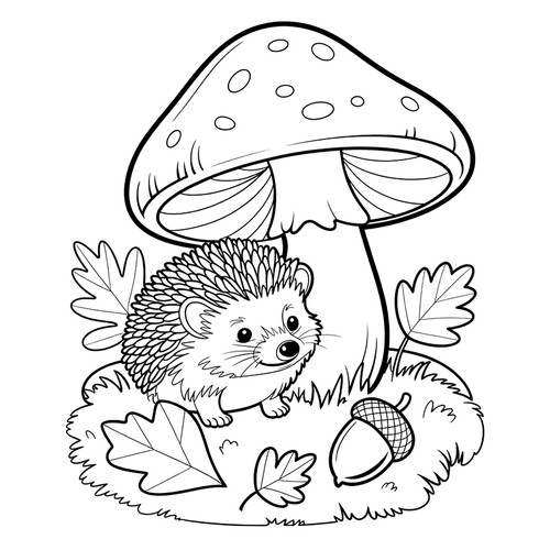 Раскраска Милый ёжик и гриб