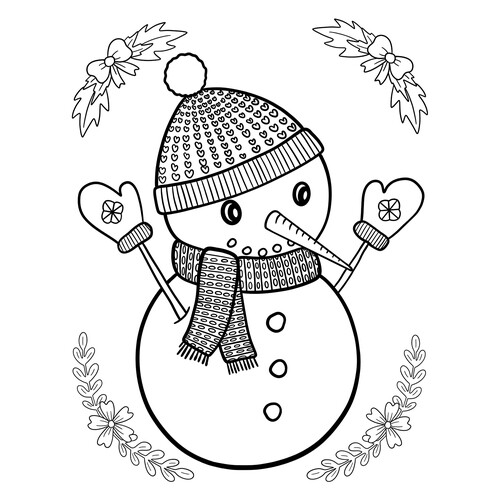 Раскраска Снеговик в шапке с сердечками